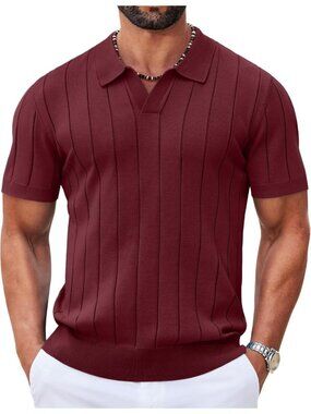 Men's Dark Red Polo Shirts Short Sleeve V Neck Knit Shirts Golf Money Clothes